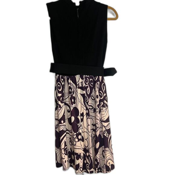VTG Early 60s Mod Mini Dress Black Keyhole Purple Flower Print Swirl Skirt Belt - Picture 2 of 16